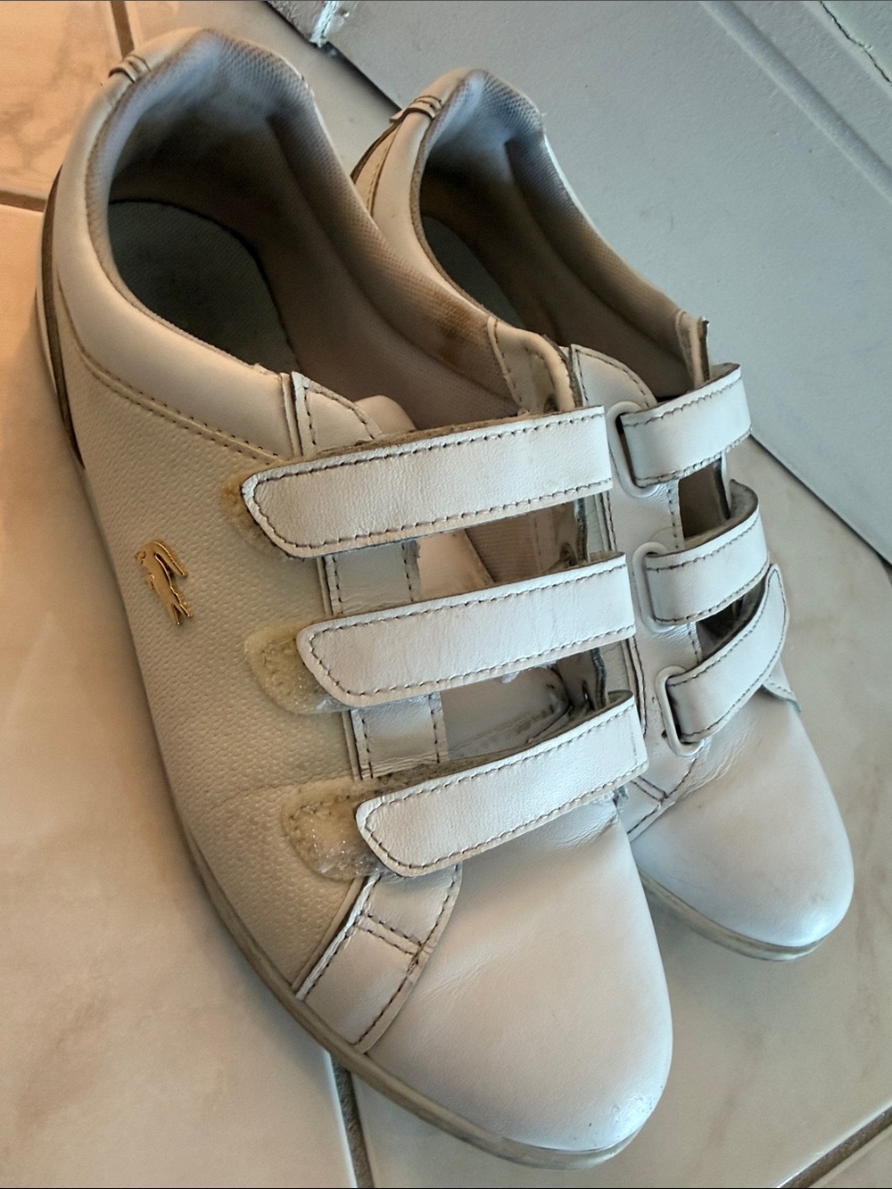 Lacoste White Velcro Strap Casual Sneakers with Gold Logo